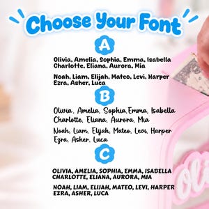 May include: A font selection chart for a custom piggy bank, featuring the text Choose Your Font in blue. Three styles are labeled A, B, and C, each displaying a list of names including Olivia, Amelia, Sophia, Emma, Isabella, Charlotte, Eliana, Aurora, Mia, Noah, Liam, Elijah, Mateo, Levi, Harper, Ezra, Asher, and Luca.