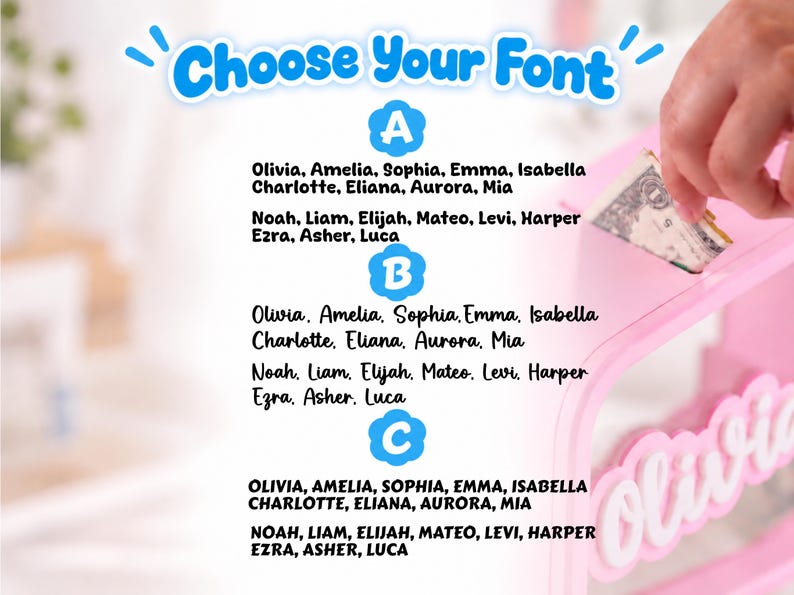 May include: A font selection chart for a custom piggy bank, featuring the text Choose Your Font in blue. Three styles are labeled A, B, and C, each displaying a list of names including Olivia, Amelia, Sophia, Emma, Isabella, Charlotte, Eliana, Aurora, Mia, Noah, Liam, Elijah, Mateo, Levi, Harper, Ezra, Asher, and Luca.