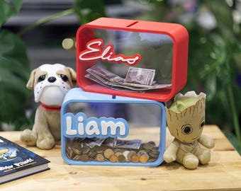Personalized Kids Piggy Bank for coins and bills, Modern money bank