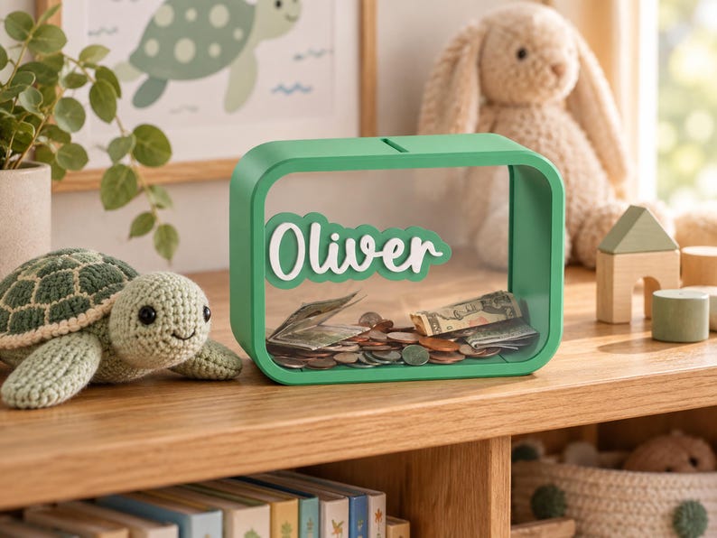 May include: A rectangular green piggy bank with a clear front panel featuring the name Oliver in white script lettering. The bank contains a collection of assorted metal coins and folded paper currency visible through the transparent front surface.