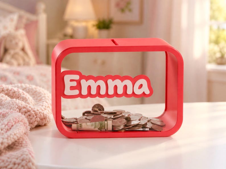 May include: A rectangular red piggy bank with rounded corners and a clear front panel. The name Emma is written in white, raised letters across the center. The interior contains a collection of assorted metal coins and a rolled-up paper bill.