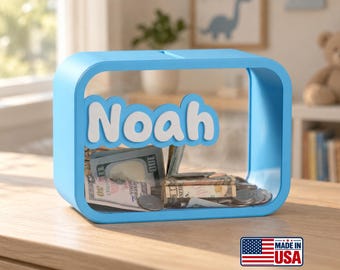 Personalized Kids Piggy Bank for coins and bills, Modern money bank