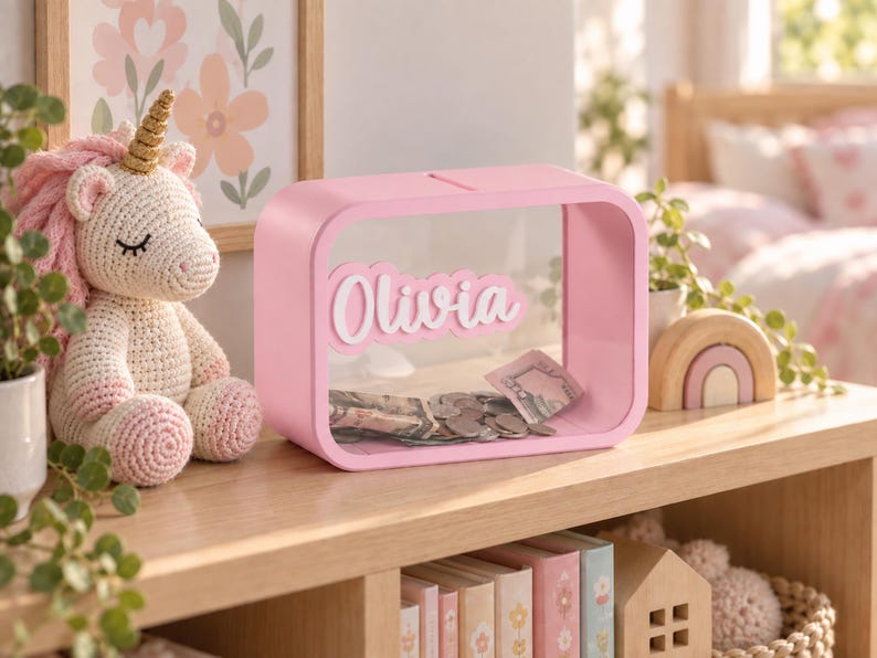 May include: A rectangular pink piggy bank with a clear front panel featuring the name Olivia in white script lettering. The bank has a slot on the top for inserting coins and paper currency, which are visible inside the transparent container.