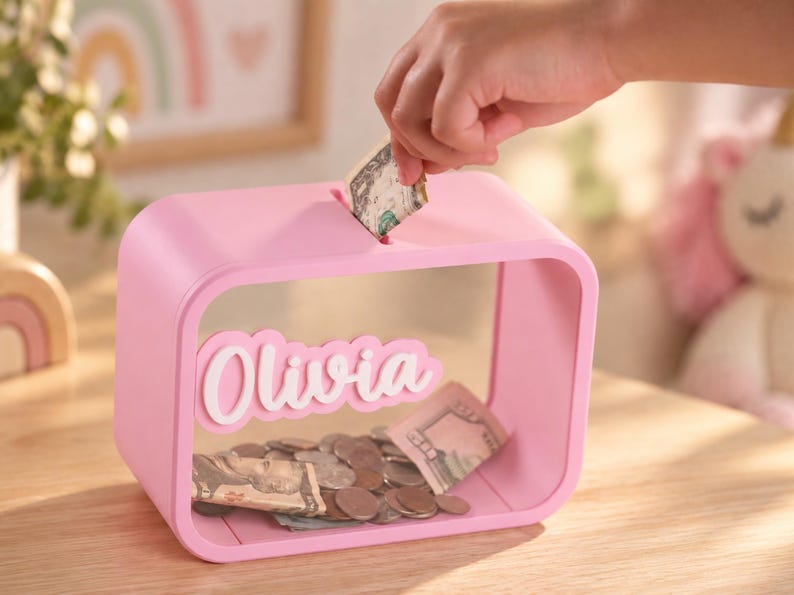 May include: A rectangular pink piggy bank with a clear front panel and a slot on top for inserting money. The name Olivia is written in white script lettering on the front. The interior contains various metal coins and paper currency.