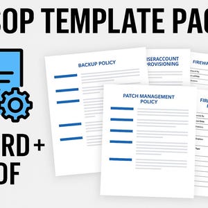 Puede incluir: Un paquete de plantillas de procedimientos operativos estándar (SOP) de TI en formato Word y PDF. La imagen presenta un icono de documento azul con un engranaje y varios documentos blancos con títulos azules.