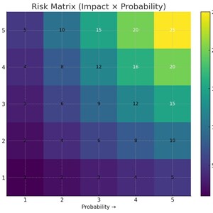 May include: A risk matrix chart titled "Risk Matrix (Impact x Probability)". The chart displays a grid with impact on the vertical axis and probability on the horizontal axis. The cells are color-coded, ranging from dark purple to yellow, with numbers indicating risk levels.