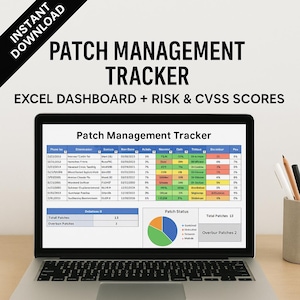 Può includere: Un laptop con una dashboard Excel "Patch Management Tracker". Lo schermo mostra tabelle di dati, grafici e il testo "EXCEL DASHBOARD + RISK & CVSS SCORES". L'immagine include le parole "INSTANT DOWNLOAD".