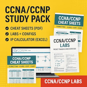 May include: A yellow and red graphic promoting a CCNA/CCNP Study Pack. The image includes a laptop displaying network diagrams, cheat sheets, and a list of features: Cheat Sheets (PDF), Labs + Configs, and IP Calculator (Excel).
