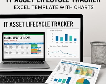 Rastreador de activos de TI: plantilla de Excel con gráficos / Gestión de garantía, estado y ciclo de vida