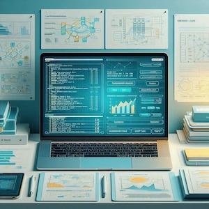 May include: A laptop showing a data analysis interface with charts and graphs. The screen has a blue glow, surrounded by printed charts and documents. Pens and stacks of paper are also visible, suggesting a workspace focused on data.