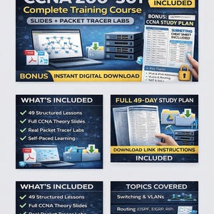 May include: A digital training course advertisement for CCNA 200-301. The image features a laptop, network devices, and study materials. The course includes slides, packet tracer labs, and a 49-day study plan. Bonus content includes a subnetting cheat sheet.