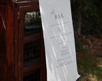 Bord stof bar, menu bar bruiloft, aangepast linnen bar bord, bord bar, kenmerkend cocktailbord, minimalistische bar, bord voor hem en haar bruiloft bar