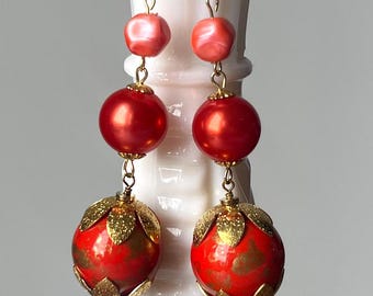 Red Orange Lucite Bead Earrings, Gold Flower Caps, Handmade Dangle