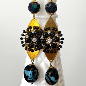 Vintage Black Aurora Borealis Earrings Black Art Deco Rhinestone Earrings Long Black Gold Statement Earrings Black Gold Bohemian Earrings