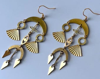 Gold Art Deco Chandelier Earrings, Raw Brass Statement Earrings