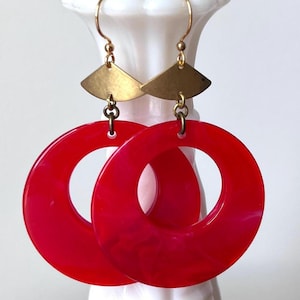 Bright Red Circle Hoop Earrings Big Chunky Bold Earrings Vintage Art Deco Earrings Red Bohemian Boho Earrings Geometric Raw Brass Earrings