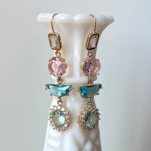 Pastel Rhinestone Statement Earrings Long Gold Rhinestone Earrings Clear Gold Rhinestone Earrings Wedding Bridal Crystal Statement Earrings