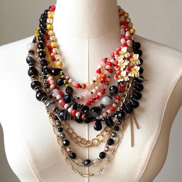 Rote & Gelbe Blume Statement Halskette, Vintage Art Deco Boho Schmuck