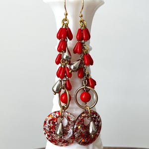 Long Red Chandelier Earrings Bright Red Cascade Earrings Vintage Red Statement Earrings Long Red Drop Earrings Red Bohemian Gold Earrings