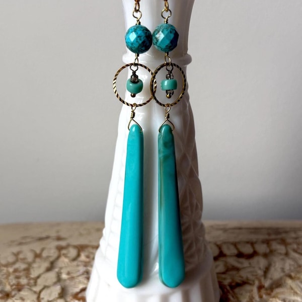 Long Turquoise Beaded Earrings with Raw Brass Circles, Vintage Lucite Pendant