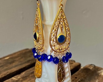 Blue Statement Earrings Long Blue Glass Earrings Large Gold Filigree Earrings Unique Bohemian Earrings Indian Ethnic Gold Boho Earrings