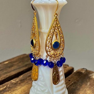 Blue Statement Earrings Long Blue Glass Earrings Large Gold Filigree Earrings Unique Bohemian Earrings Indian Ethnic Gold Boho Earrings