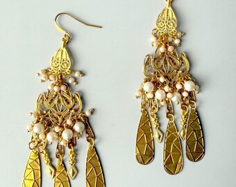 Large Gold Filigree Earrings Indian Ethnic Earrings Bridal Statement Earrings Unique Bohemian Gold Earrings Pearl Crystal Wedding Earrings