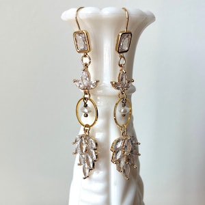 Art Deco Crystal Rhinestone Earrings Gold Crystal Statement Earrings Vintage Clear Glass Crystal Earrings Bridal Wedding Statement Jewelry