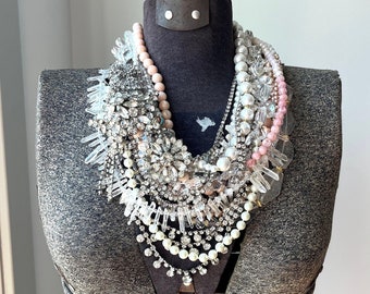 Peach Crystal Beaded Collar Statement Necklace – Chunky Champagne Crystal Necklace