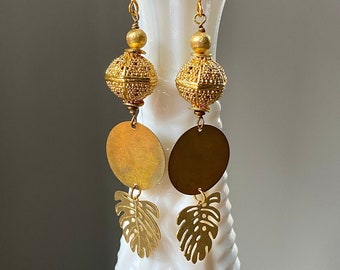 Gold Leaf Statement Earrings Gold Bali Filigree Earrings Gold Dangle Drop Earrings Gold Circle Earrings Geometric Statement Boho Earrings