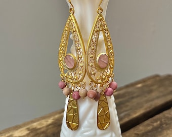 Pink Statement Earrings Long Pink Gemstone Earrings Large Gold Filigree Earrings Unique Bohemian Earrings Indian Ethnic Gold Boho Earrings