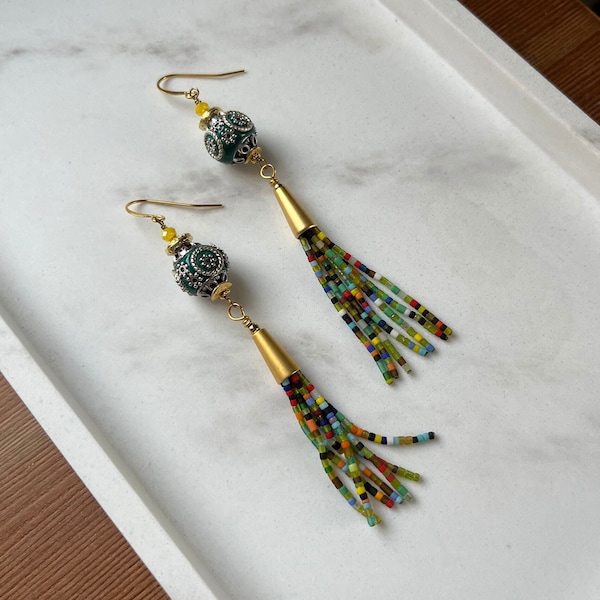 Green Kashmiri Indonesian Earrings Colorful Beaded Tassel Earrings Long Tassel Bohemian Earrings Green Ethnic Tribal Gold Boho Earrings