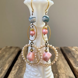 Light Blue and Pink Statement Earrings White Glass Pearl Wrapped Earrings Vintage Statement Earrings Long Gold Circle Earrings Boho Earrings