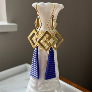 Dark Blue Art Deco Earrings Long Gold Geometric Earrings Gold Textured Statement Earrings Blue Gold Bohemian Earrings Blue Boho Earrings