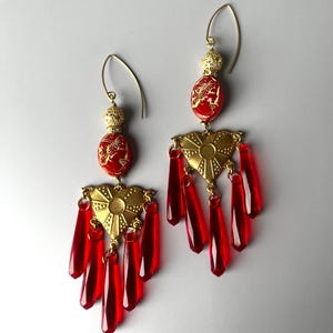Bright Red Chandelier Earrings Vintage Bold Red Statement Earrings Long Red Gold Earrings Red Cameo Chandelier Earrings Boho Red Earrings