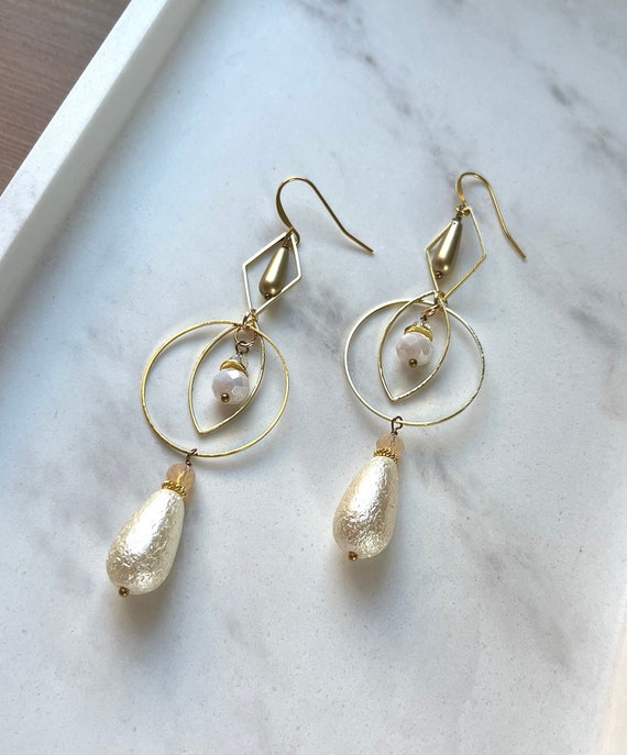 Orecchini A Cerchio Vintage Con Perle Finto Oro | Pendenti Boho Per Sposa | Gioielli Donna Fatti A Mano - 2
