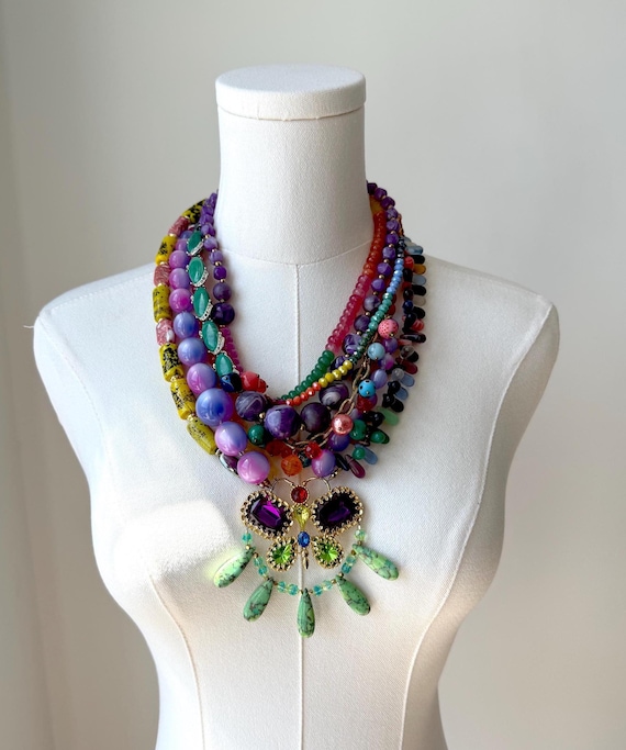 HMOOY Collana Turchese Boho Lunga con Perline e Ciondolo Perla Cuore Farfalla Foglia Vintage Gioielli Donna