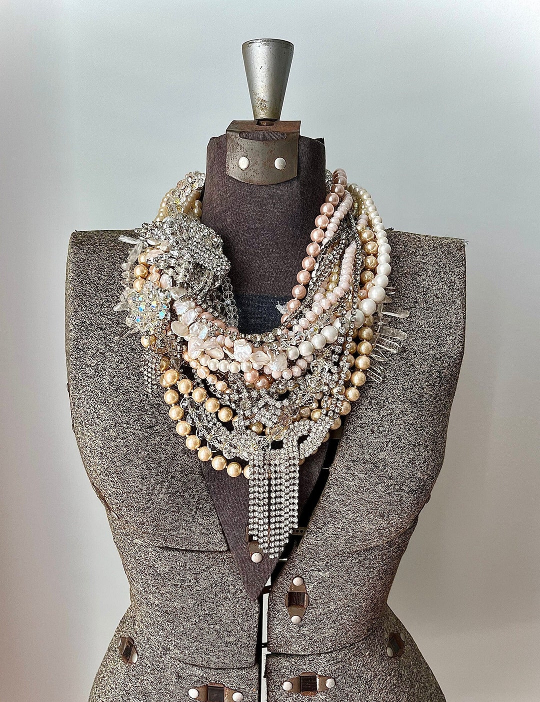 Peach Crystal Beaded Collar Statement Necklace – Chunky Champagne Crystal Necklace main image 0