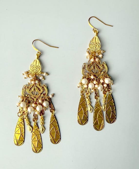 Large Gold Filigree Earrings Indian Ethnic Earrings Bridal Statement Earrings Unique Bohemian Gold Earrings Pearl Crystal Wedding Earrings