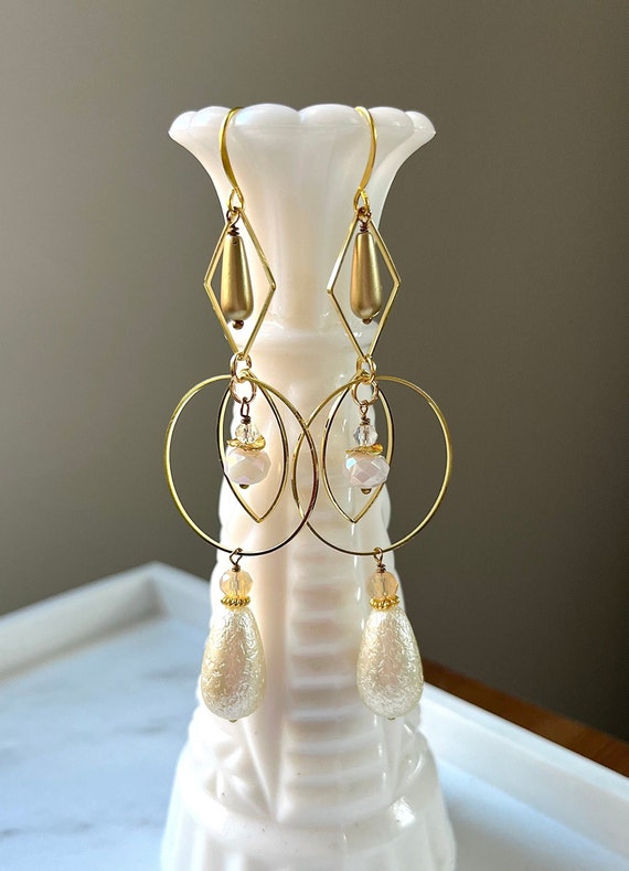Orecchini A Cerchio Vintage Con Perle Finto Oro | Pendenti Boho Per Sposa | Gioielli Donna Fatti A Mano - 4