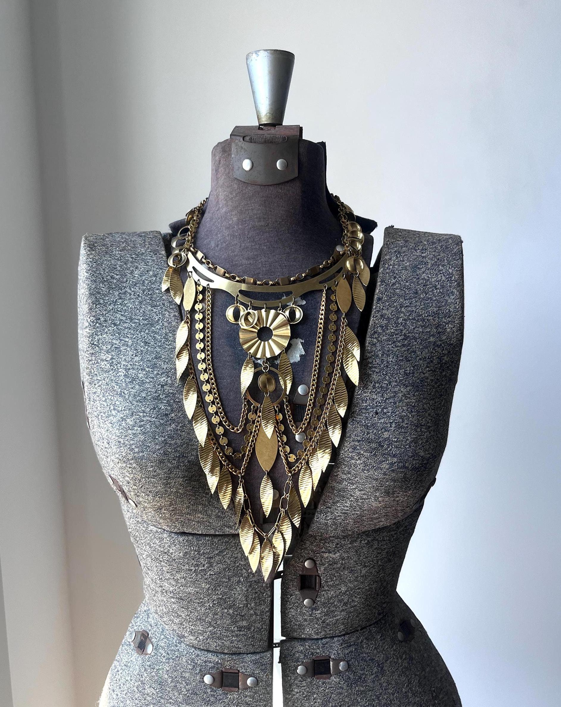Chunky Gold Choker Necklace Gold Circle Geometric Necklace Big Bold Long Gold Necklace Textured Raw Brass Pendant Necklace Bohemian Necklace