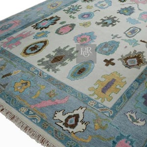 Soft Blue and Pink Oushak Rug, 6x9, 8x10, 9x12 | Hand-knotted Tribal Area Rug for Living Room or Bedroom| Large Handmade Turkish Oushak Rug