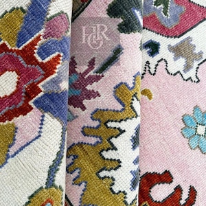 Pink and Light Green Hand-Knotted Oushak Rug 8x10 9x12 Vintage Area Wool Rug, Bohemian Wool Carpet