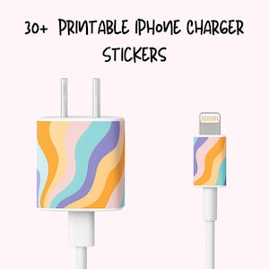 Puede incluir: Un cargador y cable para iPhone con un patrón ondulado colorido en tonos naranja, amarillo, rosa, azul y morado. El texto "30+ Printable iPhone Charger Stickers" está en la parte superior.