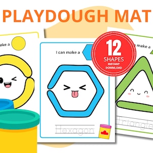 Puede incluir: Un conjunto de tapetes para plastilina con formas coloridas con caras de dibujos animados y el texto "PLAYDOUGH MAT" y "12 SHAPES INSTANT DOWNLOAD". Los tapetes muestran un círculo amarillo, un hexágono azul y un triángulo verde.