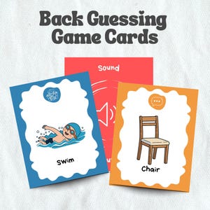 Puede incluir: Juego de cartas educativo con el texto "Back Guessing Game Cards". Las cartas presentan ilustraciones de un nadador y una silla, con las palabras "Swim" y "Chair" debajo. También se ve una tarjeta roja con un icono de sonido.