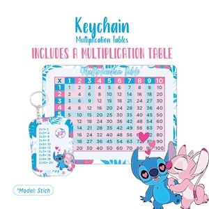 Puede incluir: Un llavero con un diseño de tabla de multiplicar. El llavero tiene un patrón floral azul y blanco y presenta a los personajes Stitch y Angel. La imagen también incluye una tabla de multiplicar con números.