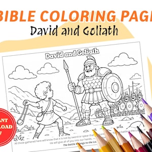 Puede incluir: Una página para colorear de la Biblia en blanco y negro que representa a David y Goliat. El título "David and Goliath" se muestra encima de la ilustración. La imagen incluye el texto "INSTANT DOWNLOAD PDF". Lápices de colores visibles en primer plano.