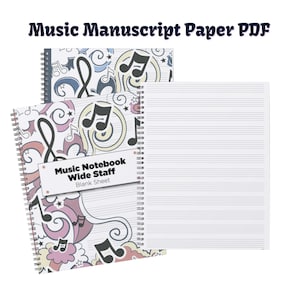 Puede incluir: Cuaderno de música con espiral y cubierta colorida con notas musicales y espirales. El cuaderno está etiquetado como "Music Notebook Wide Staff Blank Sheet" e incluye papel pautado en blanco para escribir música. El texto "Music Manuscript Paper PDF" está en la parte superior.