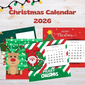 Puede incluir: Un calendario de Navidad para 2026 con varios diseños festivos. El calendario presenta imágenes de Papá Noel, renos, árboles de Navidad y el texto "Feliz Navidad". El calendario está decorado con luces de cadena.